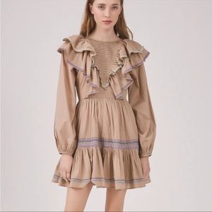 SOMETHING NAVY NWT Mocha Tan Embroidered Ruffle Flounce Balloon Sleeve Dress